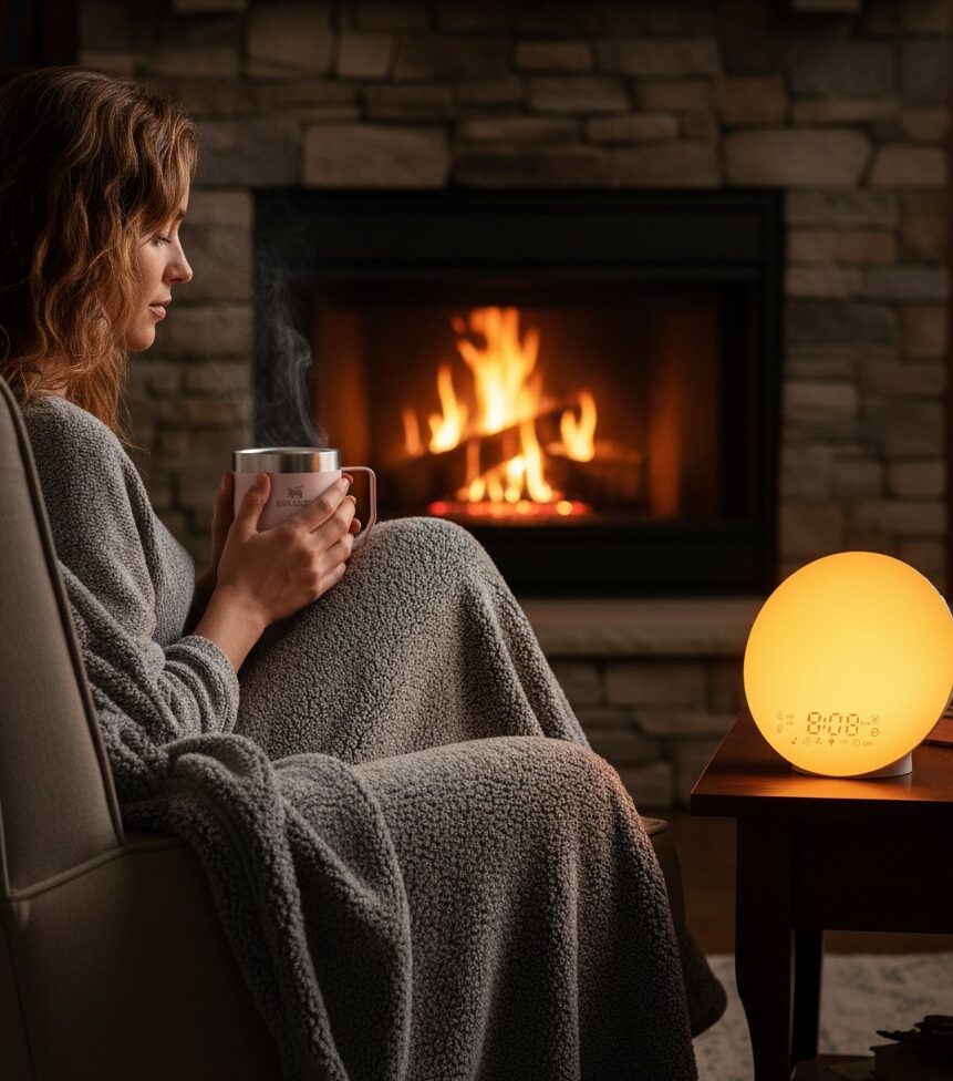 Woman reading book with Stanley travel mug winter self care routine