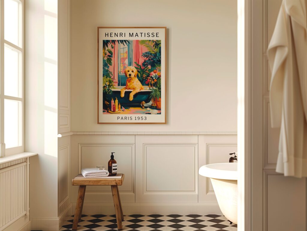Framed bathroom wall art displaying golden doodle in bathtub with tropical plants, Matisse-inspired poster in neutral bathroom
