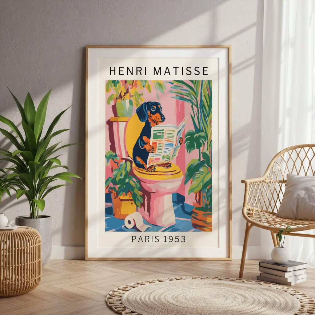 Vibrant bathroom wall art featuring dachshund reading newspaper on toilet in Matisse-inspired style with tropical plants